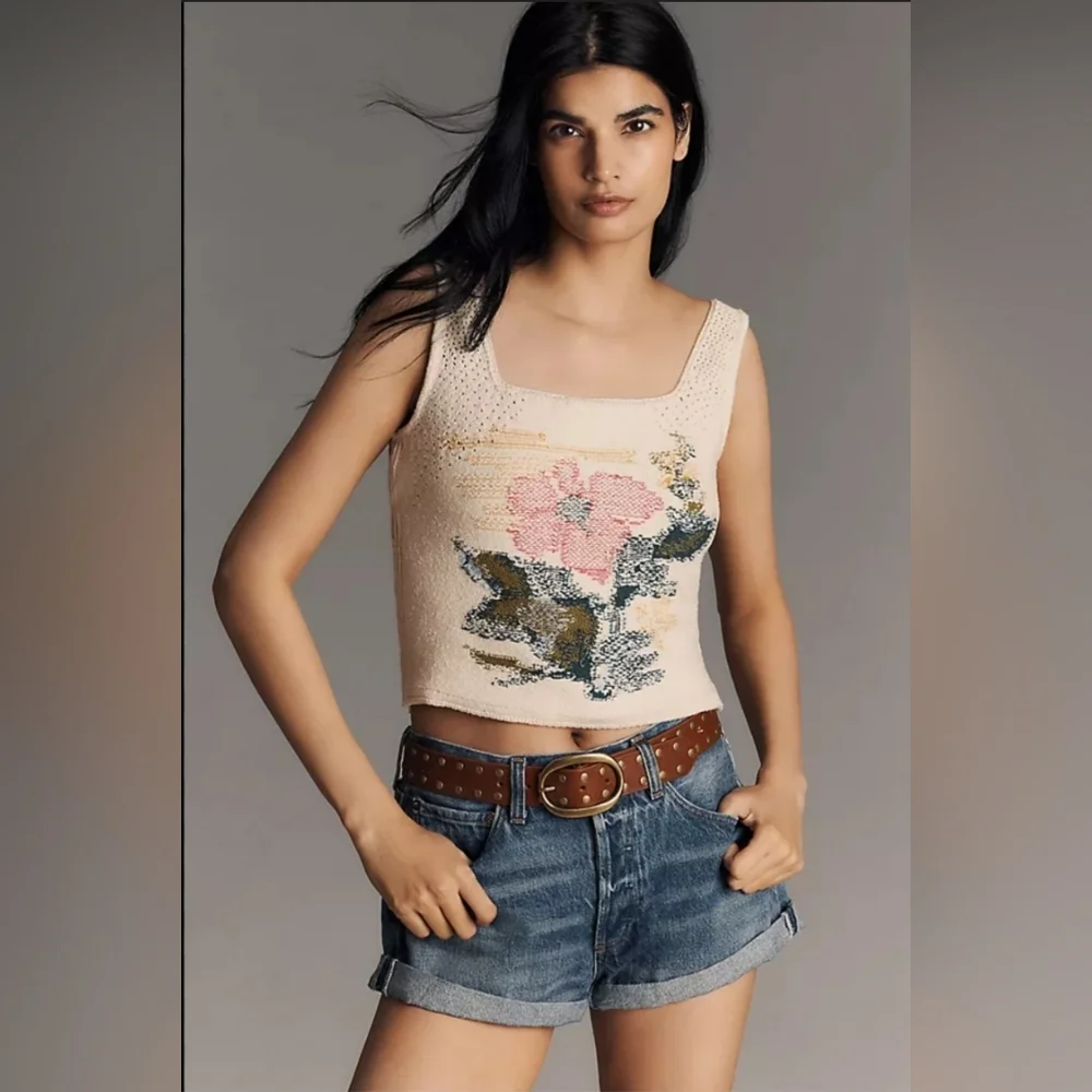 Anthropologie Floral Knit Square-Neck Tank Top - Cream with Pink Floral Size XL - Picture 3 of 8